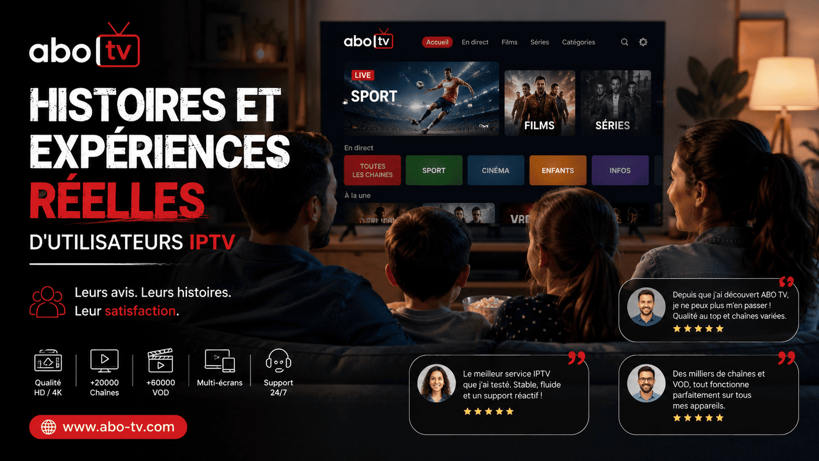 Utilisateurs Abo TV partageant leur expérience IPTV sur différents écrans